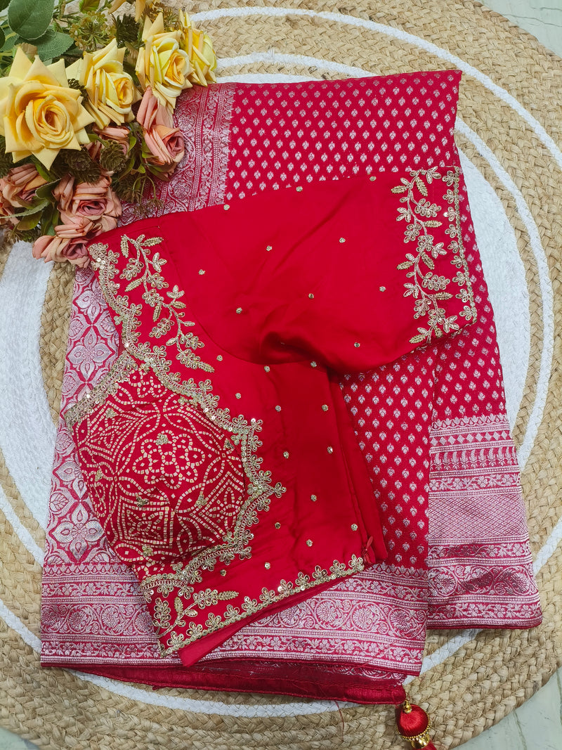 Elegant Pink Woven Saree with Embroidered Contrast Blouse