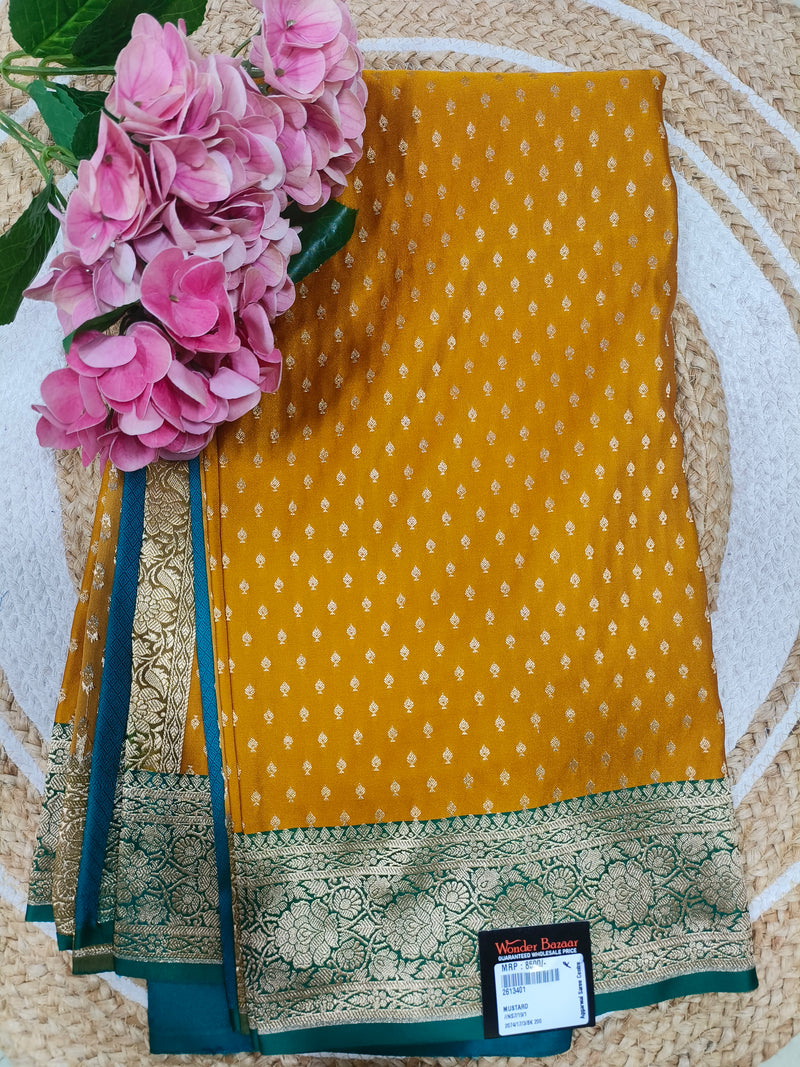 Radiant Mustard Banarasi Silk Saree with Contrasting Green Border