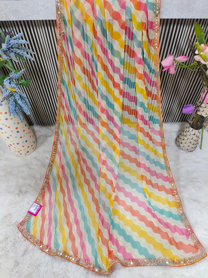 Radiant Yellow Multi-Color Striped Georgette Saree with Sequin Border