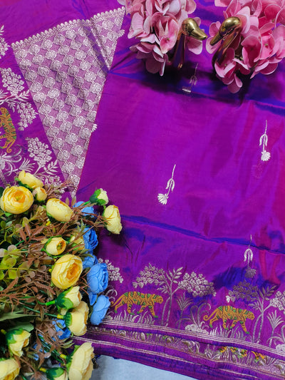 Royal Purple Banarasi Silk Saree with Majestic Tiger Zari Border