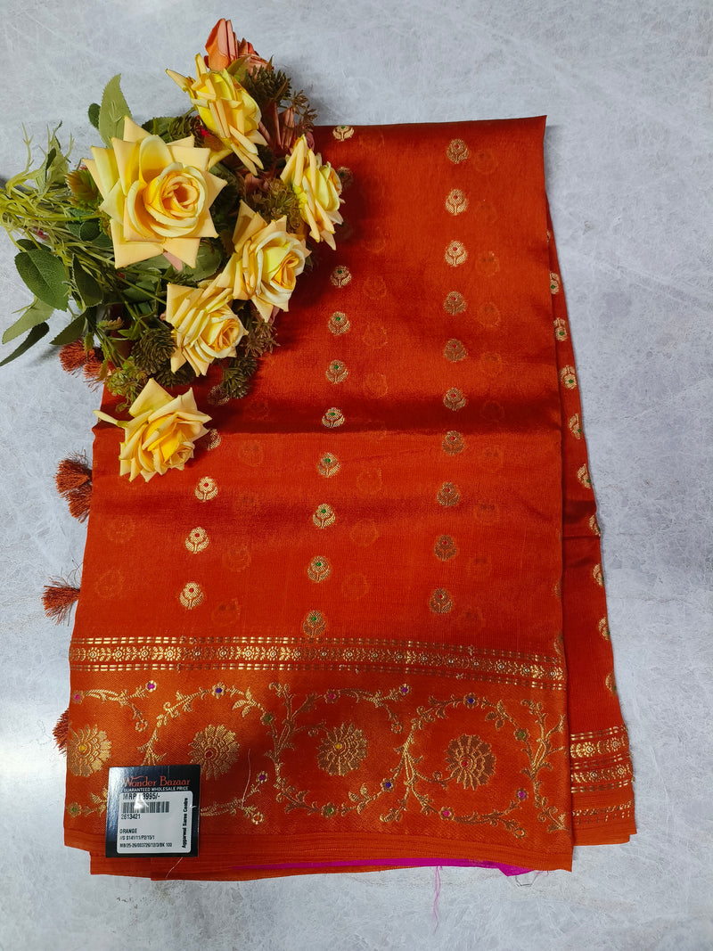 Vibrant Burnt Orange Silk Saree with Floral Zari Border & Butti Work