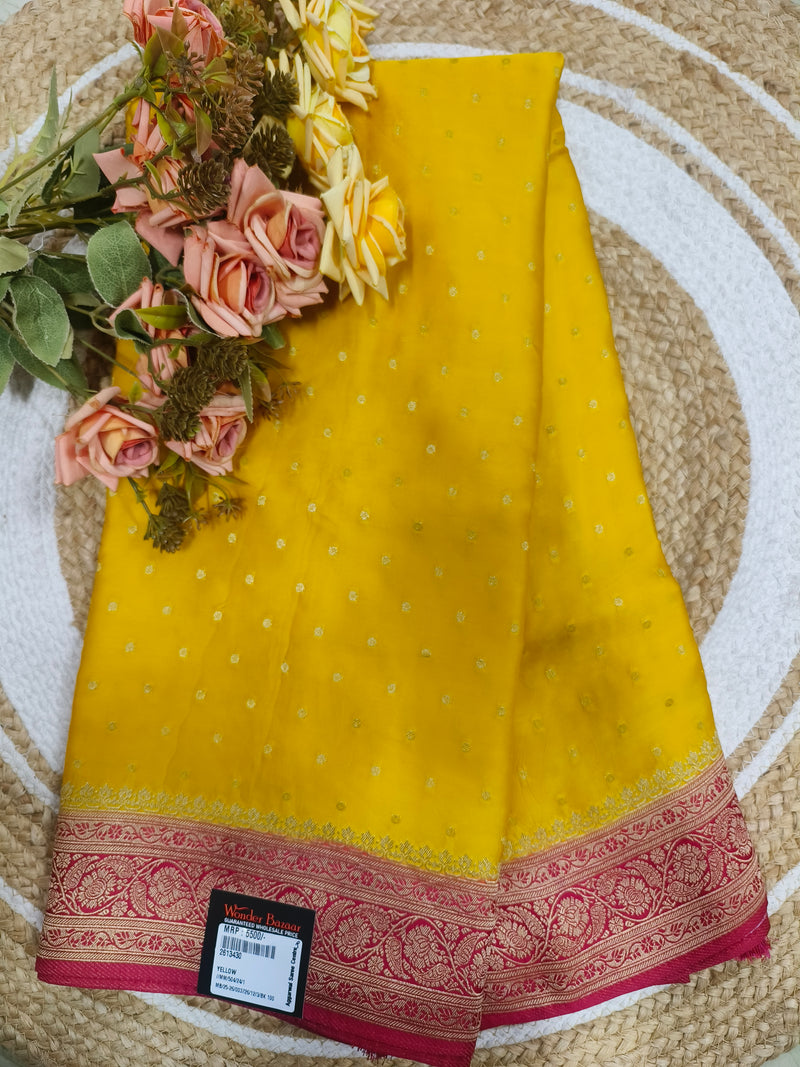 Radiant Yellow Pure Silk Saree with Gold Buttis & Zari Border