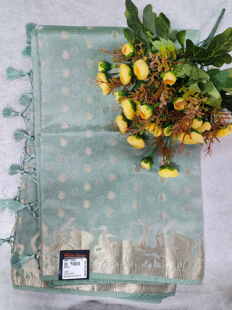 Serene Sea Green Silk Saree with Unique Swan Motif Zari Border