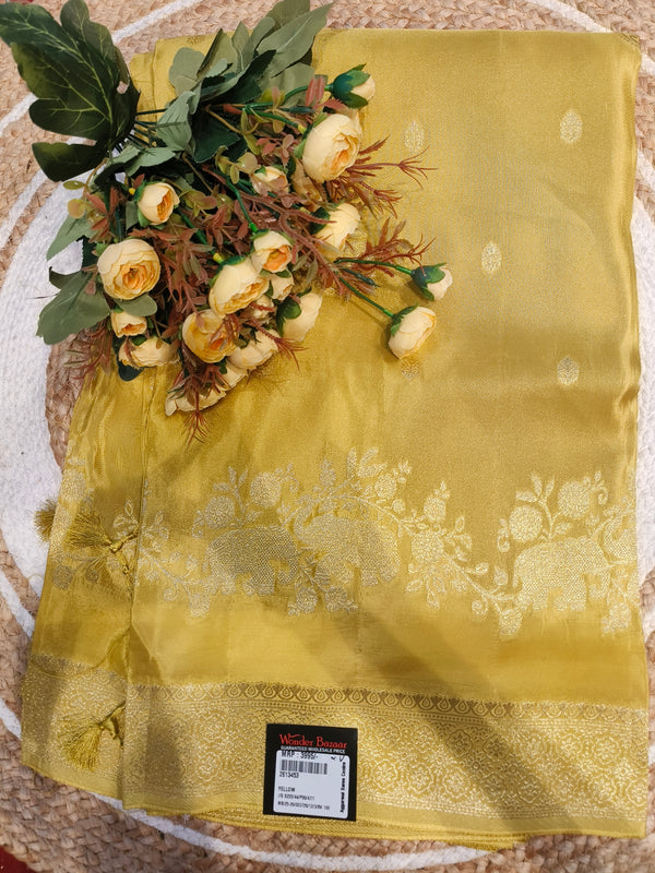 Captivating Yellow Art Silk Saree with Elephant Zari Border