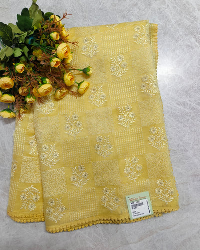 Breezy Lemon Yellow Sheer Saree with Delicate White Floral Embroidery