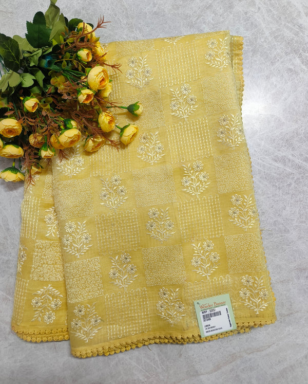 Breezy Lemon Yellow Sheer Saree with Delicate White Floral Embroidery
