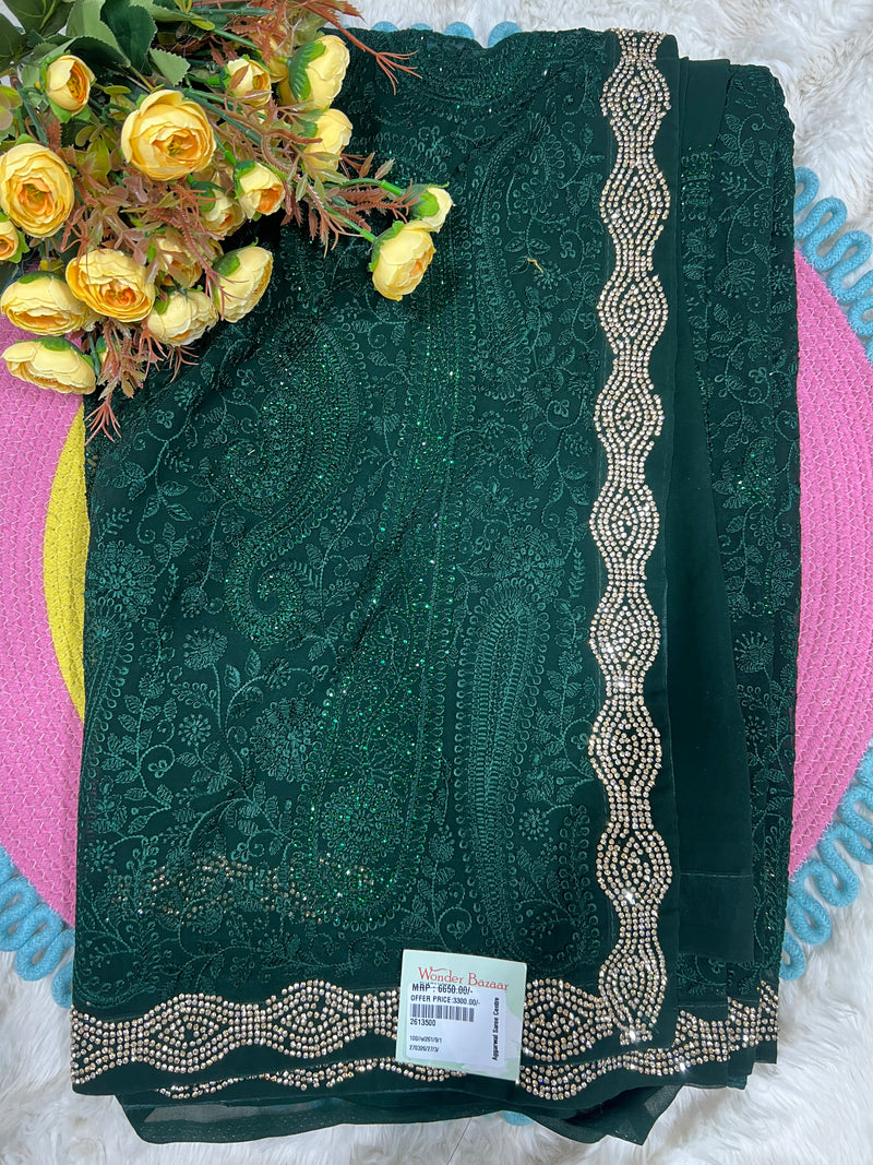 Emerald Green Georgette Blend Saree with Intricate Embroidery & Sequin Border