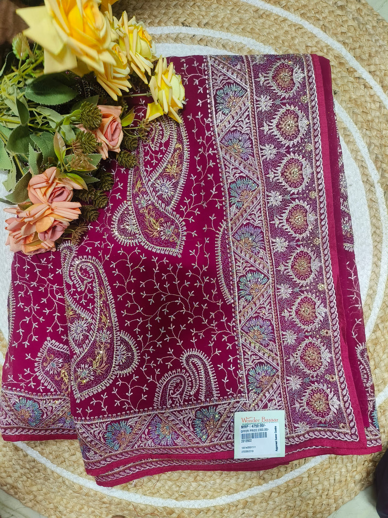 Regal Magenta Embroidered Paisley Saree with Multi-Color Zari