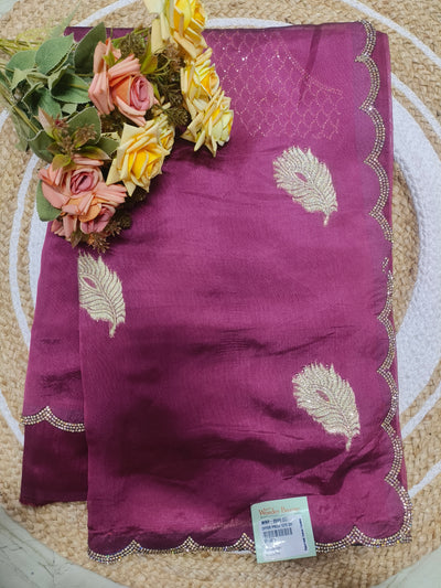 Chic Plum Purple Saree with Gold Feather Motifs & Scalloped Border