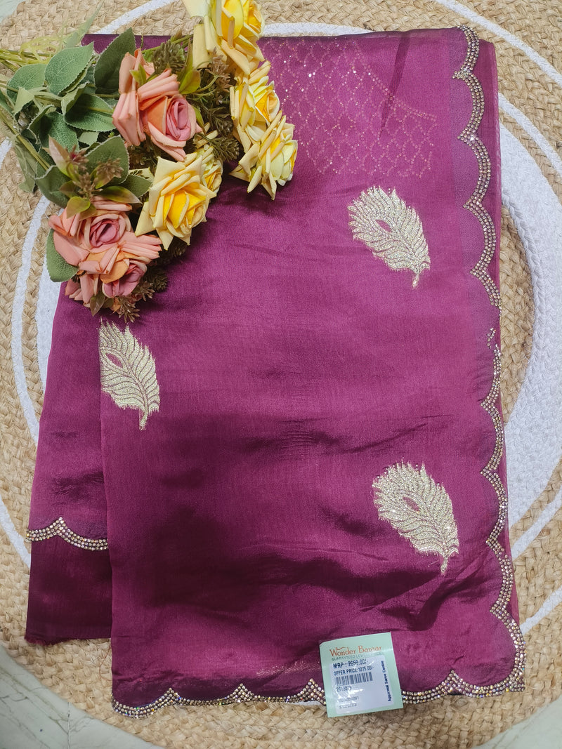 Chic Plum Purple Saree with Gold Feather Motifs & Scalloped Border