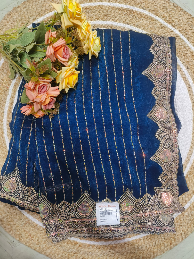 Regal Royal Blue Saree with Shimmering Sequin Stripes & Zari Border