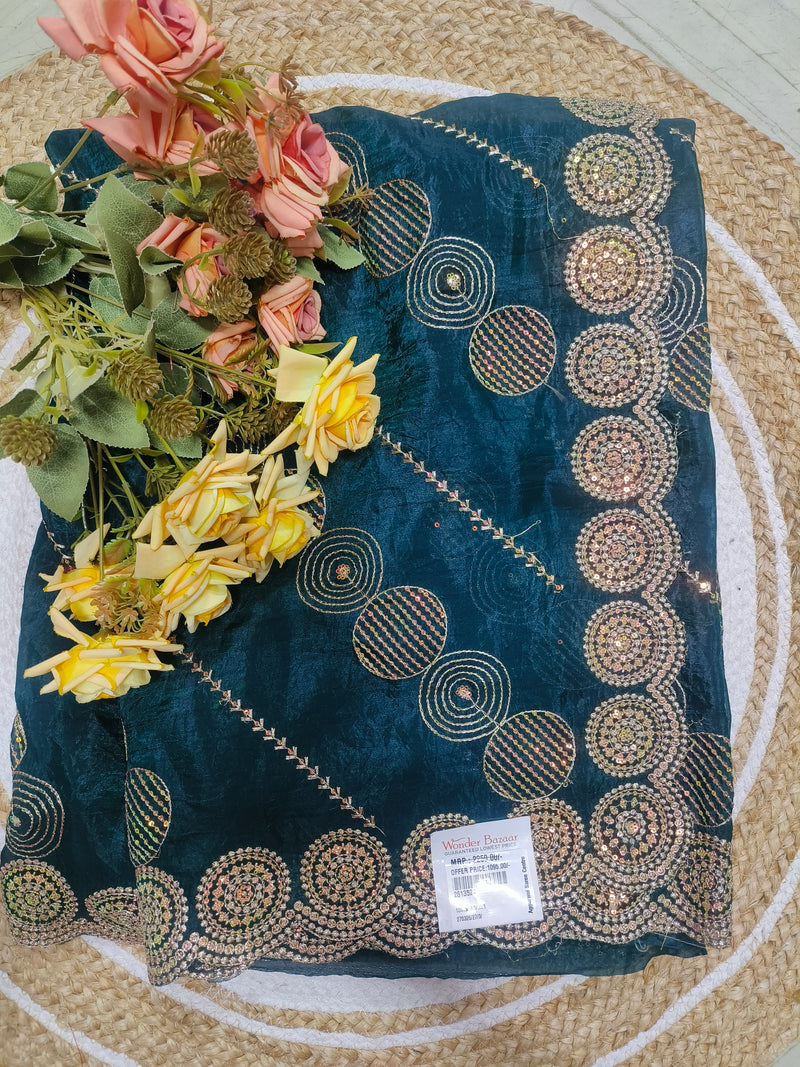 Dazzling Teal Blue Saree with Sequin Circle Motifs & Geometric Border
