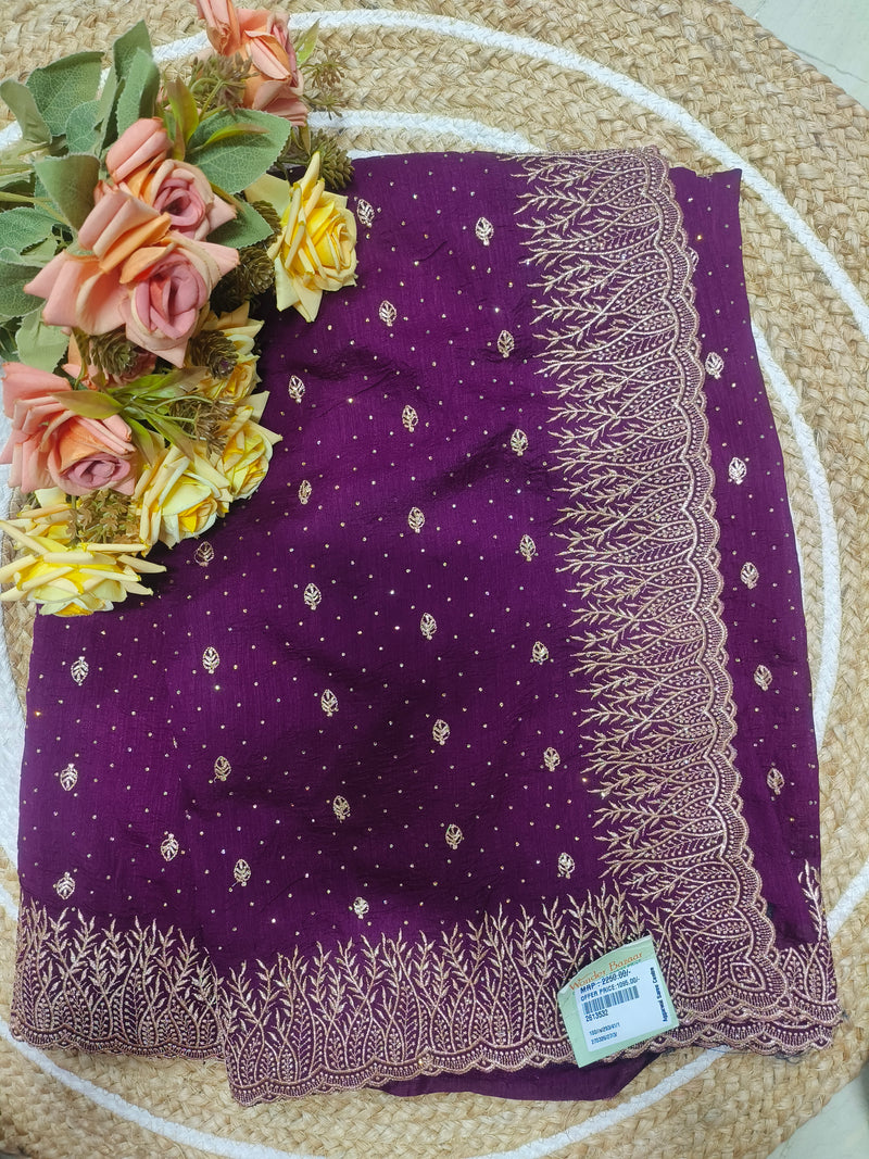 Elegant Deep Plum Georgette Saree with Golden Zari Work