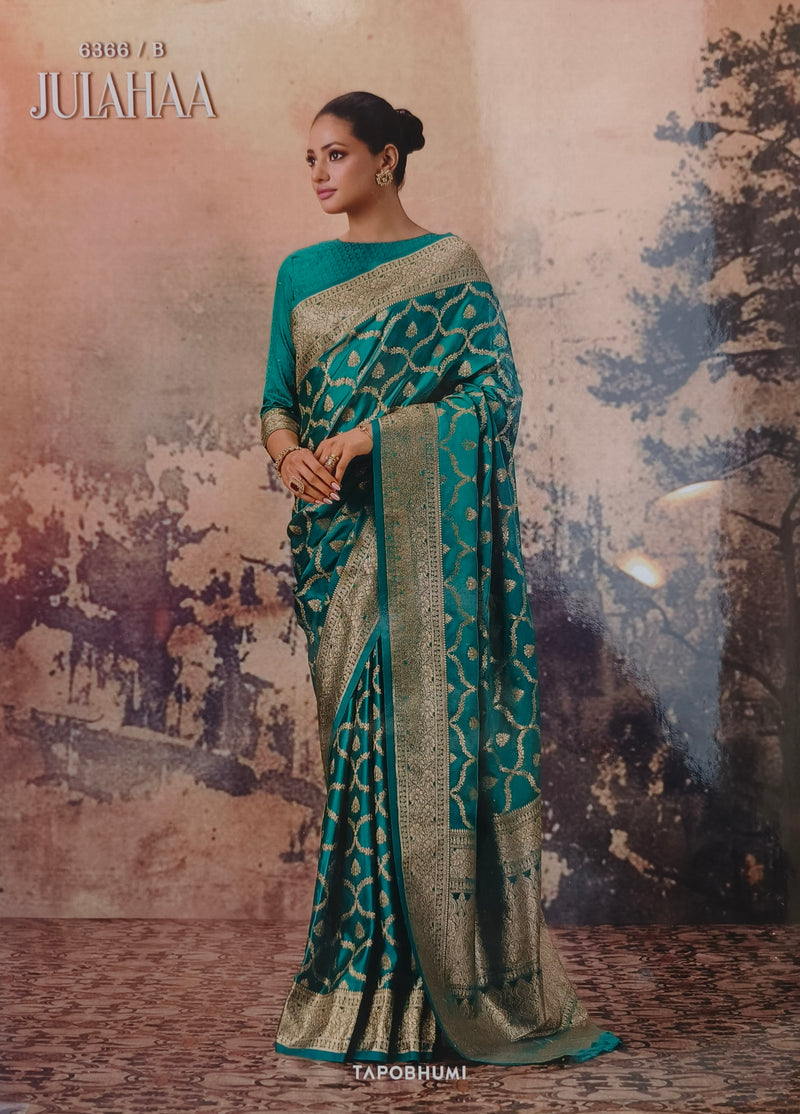 Elegant Firozi Teal Banarasi Silk Saree with Ornate Floral Zari Weaving