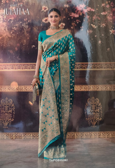 Grand Firozi Blue Banarasi Silk Saree with Majestic Paisley Zari Border