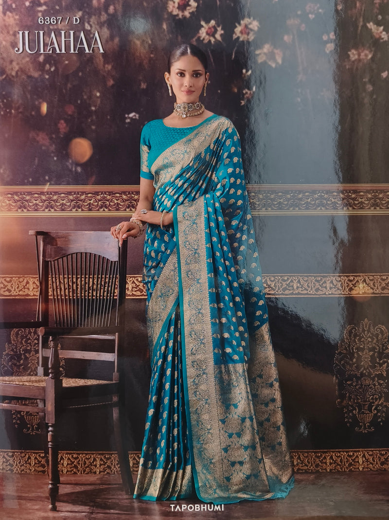 Grand Firozi Blue Banarasi Silk Saree with Majestic Paisley Zari Border