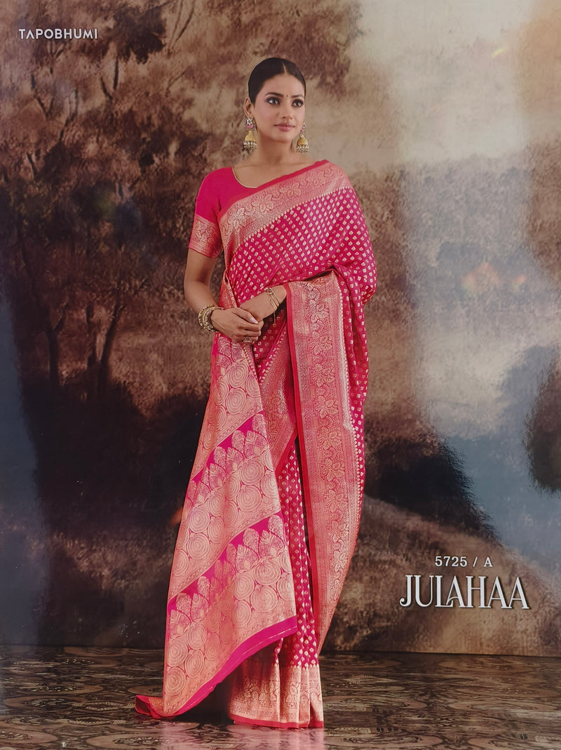 Vibrant Hot Pink Bandhani Style Banarasi Saree with Gold Zari Border