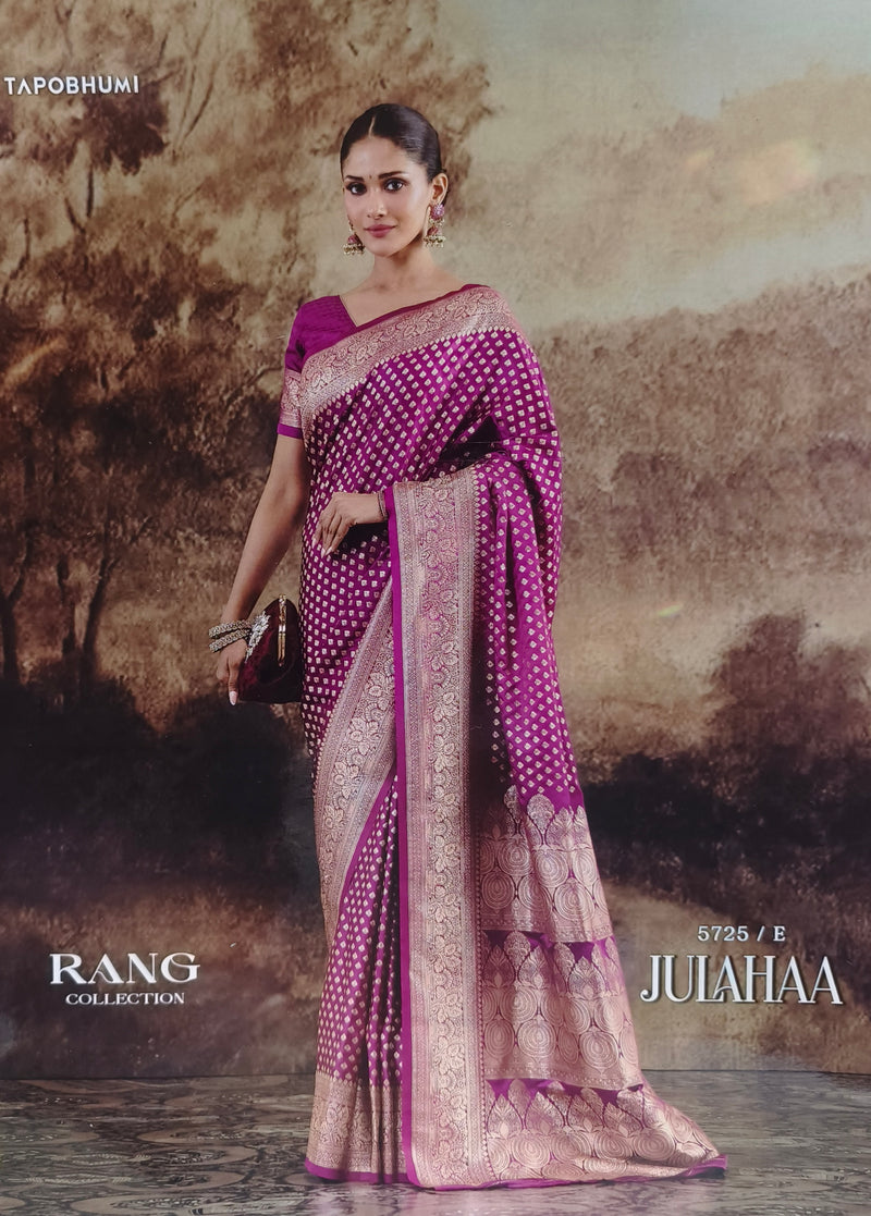 Vibrant Hot Pink Bandhani Style Banarasi Saree with Gold Zari Border