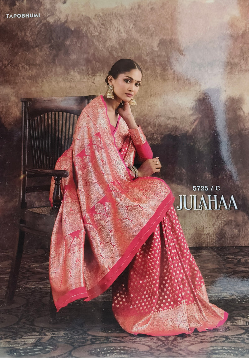 Vibrant Hot Pink Bandhani Style Banarasi Saree with Gold Zari Border