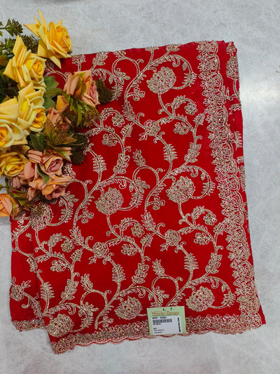 Vibrant Red Georgette Saree with Intricate Gold Zari Floral Embroidery