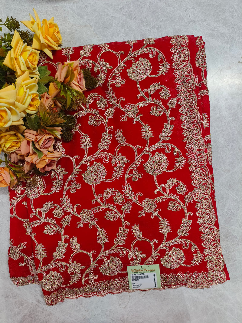 Ravishing Crimson Red Net Saree with Elaborate Golden Vine Embroidery