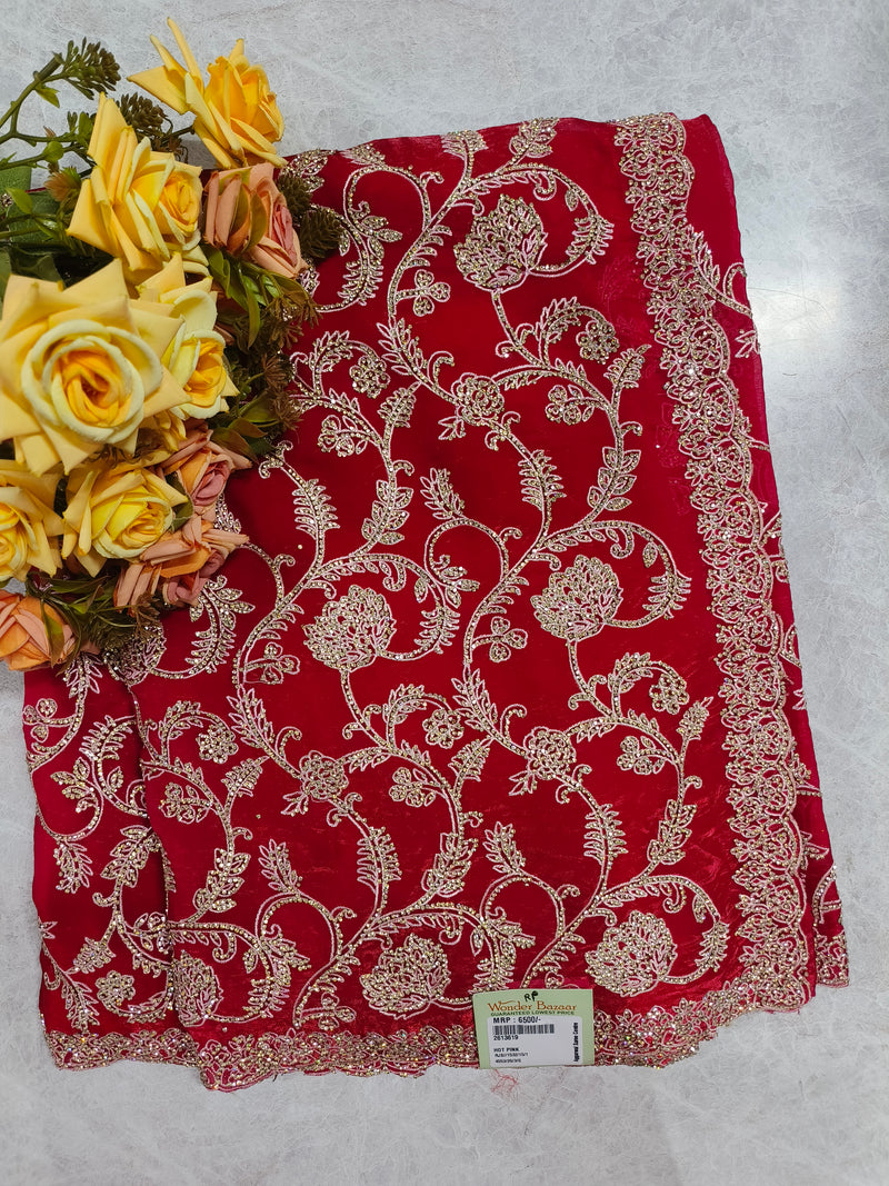 Ravishing Crimson Red Net Saree with Elaborate Golden Vine Embroidery
