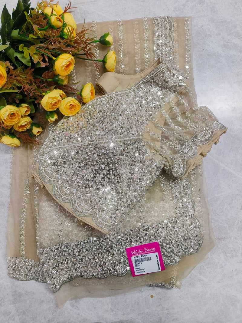 Luminous Cream Net Saree with Shimmering Silver Sequin and Scalloped Borders