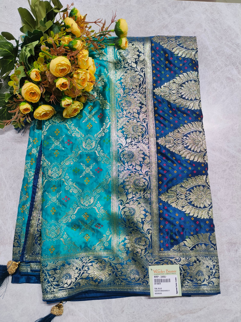 Stunning Teal Blue Fancy Saree with Rich Golden Zari Border