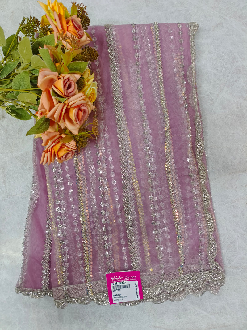 Lavender Fancy Saree with Shimmering Sequin Stripes