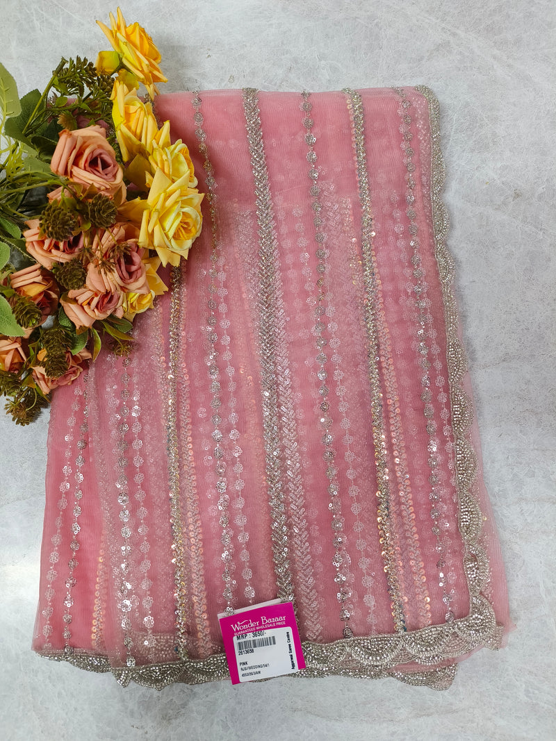Lavender Fancy Saree with Shimmering Sequin Stripes