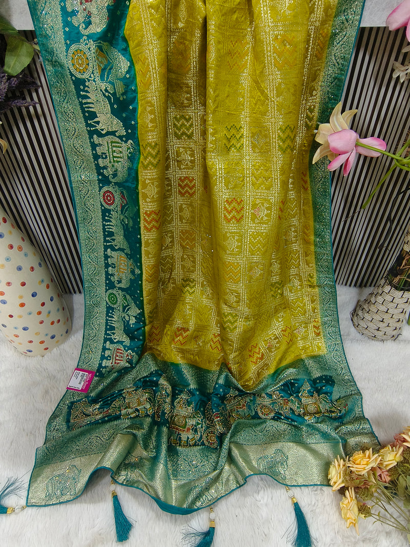 Vibrant Parrot Green and Teal Banarasi Silk Saree with Elephant Border