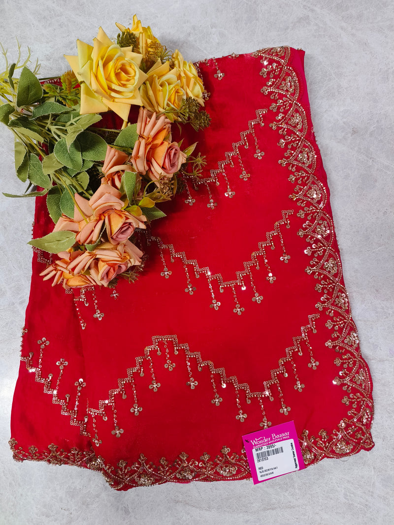 Royal Red Embellished Georgette Festive Saree