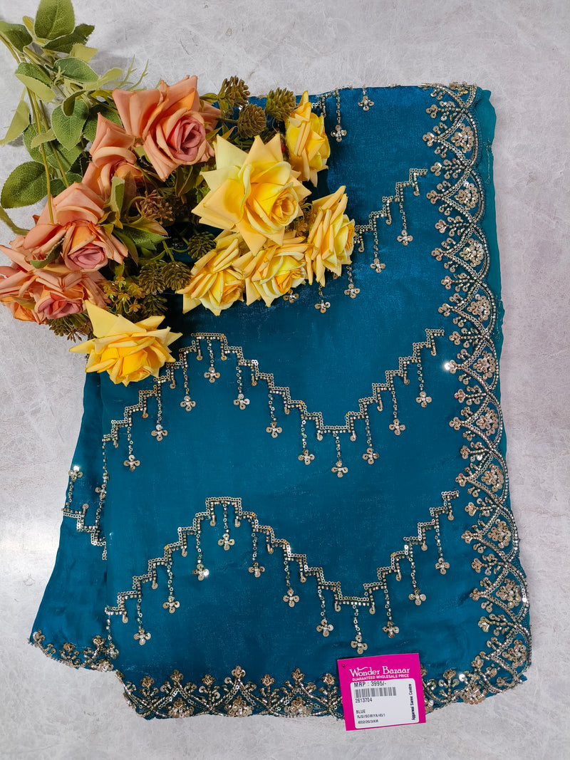 Royal Red Embellished Georgette Festive Saree