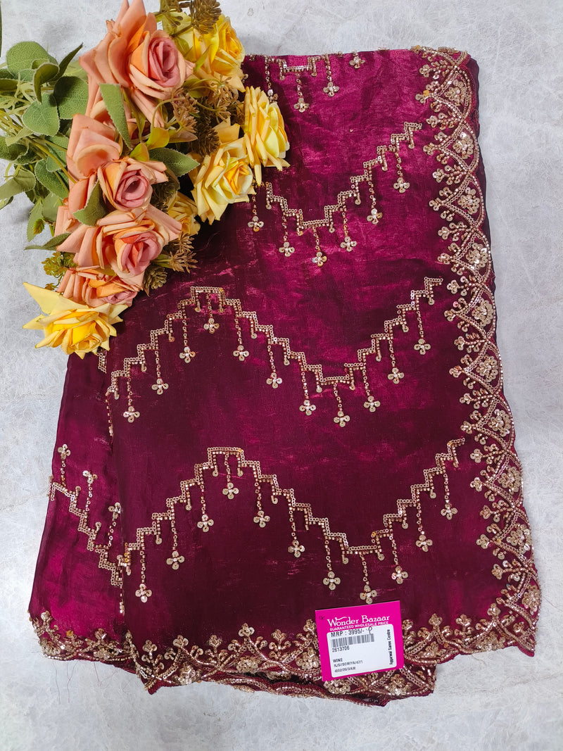 Royal Red Embellished Georgette Festive Saree