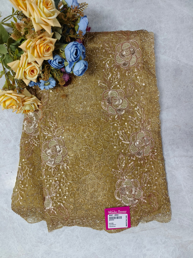 Glamorous Golden Sequined Net Saree for Festive Glamour and Evening Parties