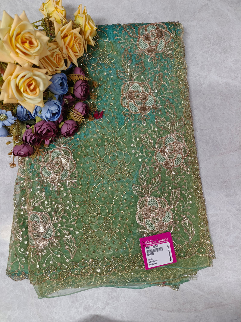 Glamorous Golden Sequined Net Saree for Festive Glamour and Evening Parties