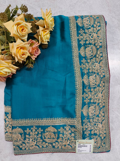 Majestic Teal Blue Silk Saree with Heavy Gold Zari Embroidery Border