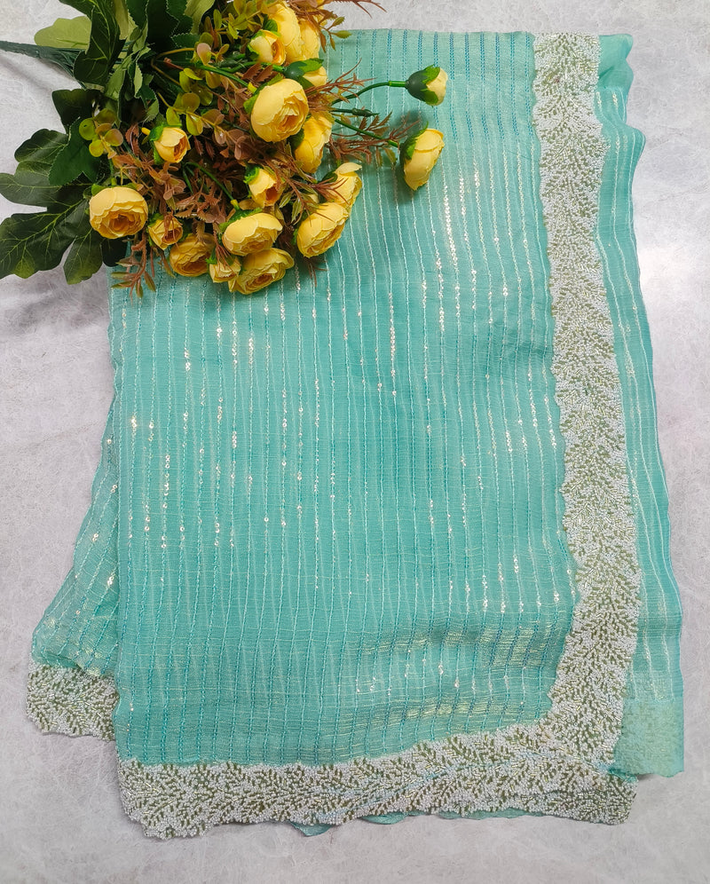 Serene Powder Blue Fancy Saree with Delicate Beaded Border