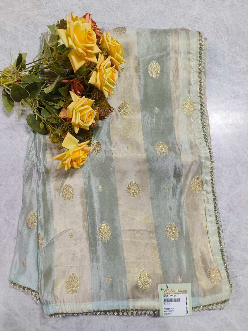 Serene Powder Blue Striped Saree with Golden Polka Dots