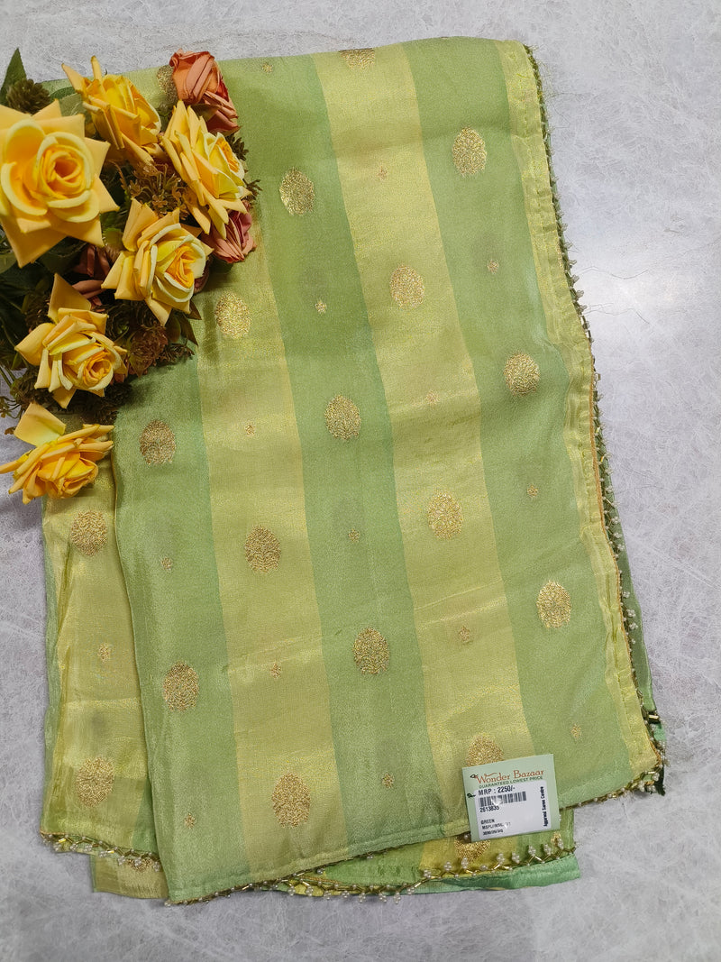 Serene Powder Blue Striped Saree with Golden Polka Dots