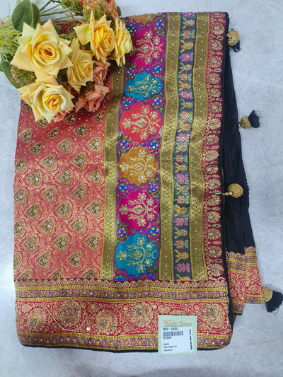 Black Fancy Saree with Vibrant Multi-Color Motifs and Gold Zari Border