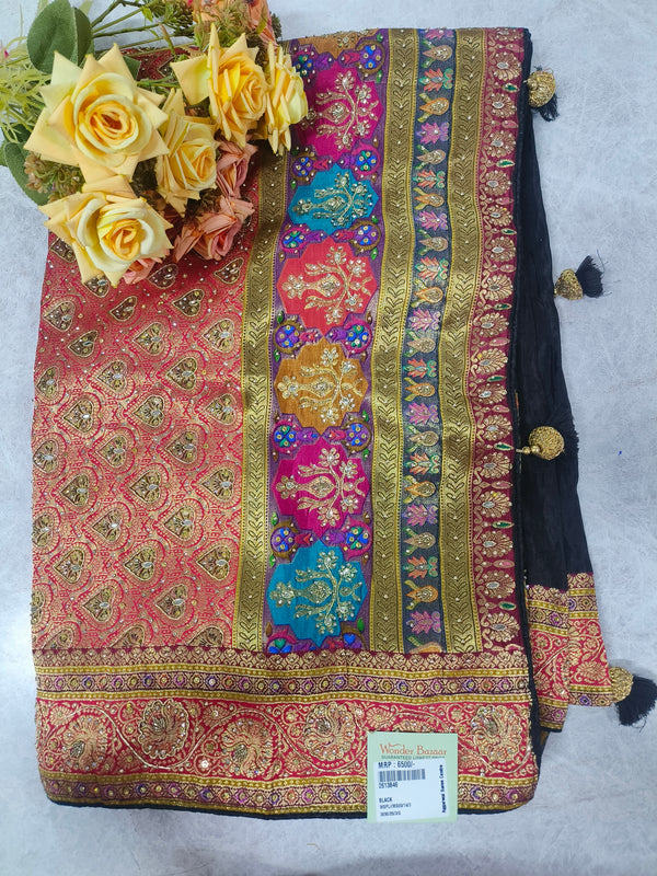 Black Fancy Saree with Vibrant Multi-Color Motifs and Gold Zari Border