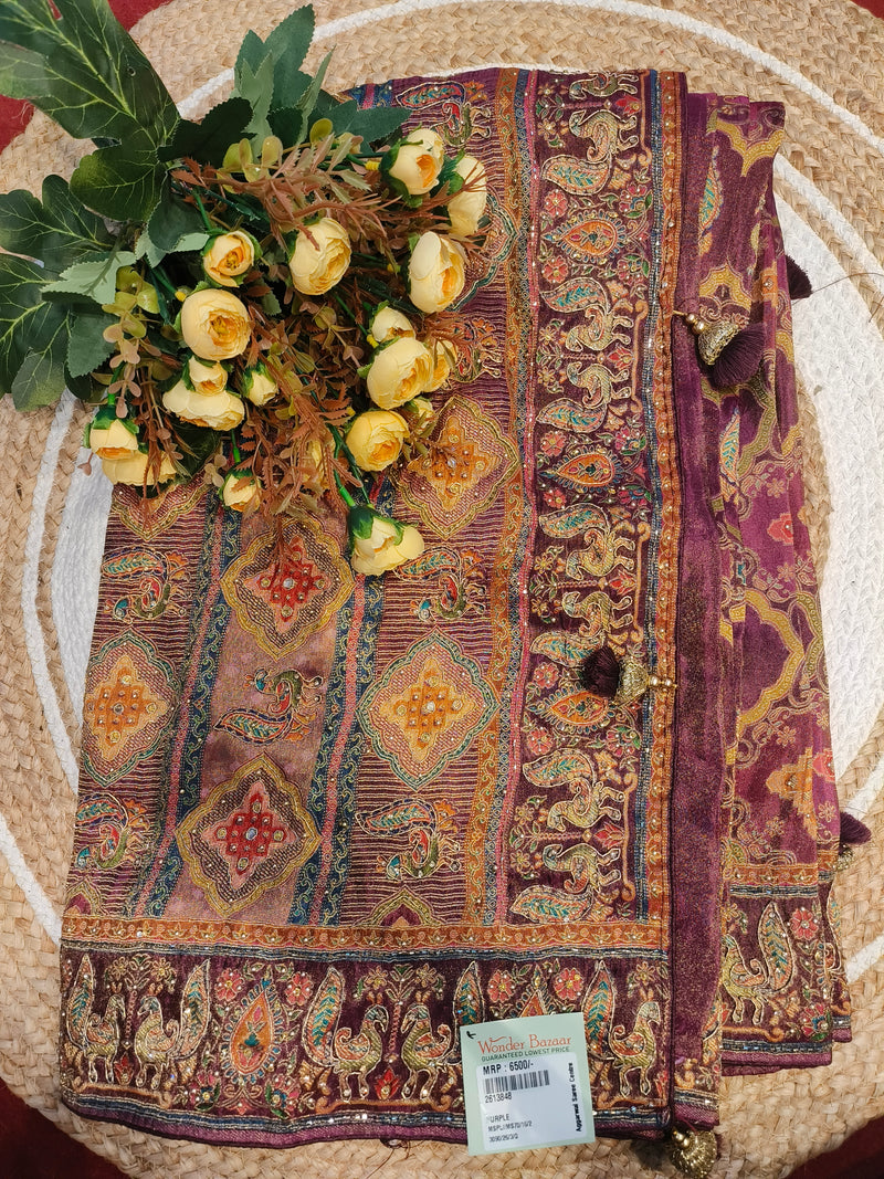 Opulent Purple Fancy Saree with Rich Multi-Color Embroidery