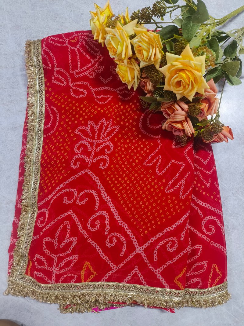 Vibrant Red Bandhani Georgette Saree with Golden Gota Patti