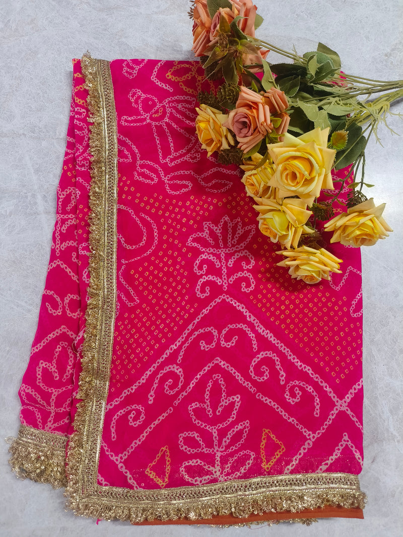 Vibrant Red Bandhani Georgette Saree with Golden Gota Patti