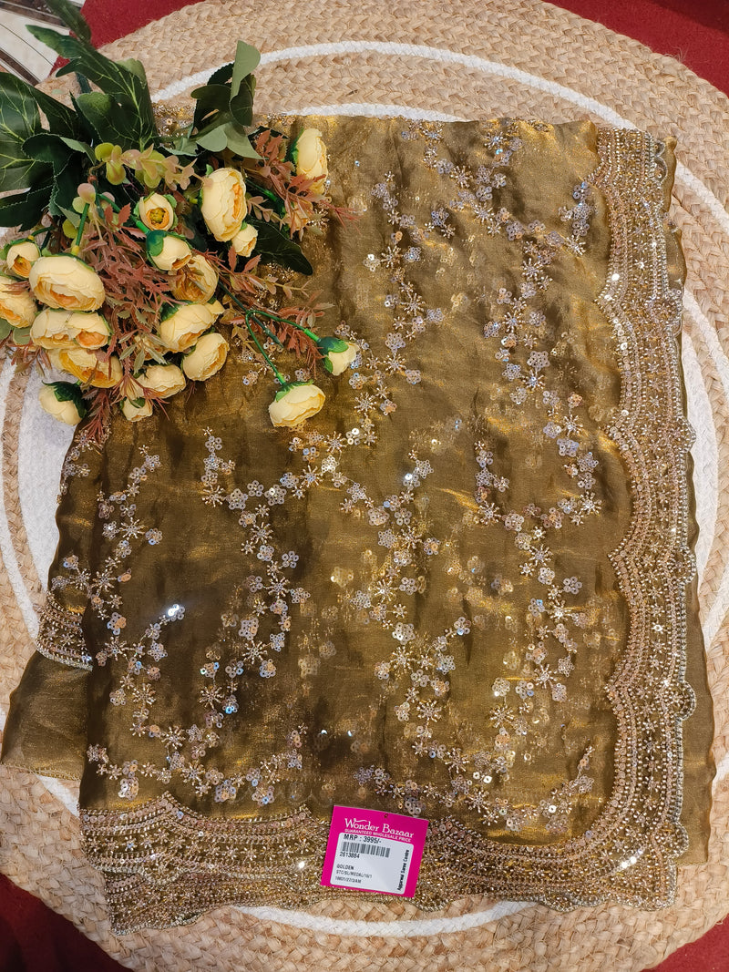 Shimmering Golden Sequin Saree with Scalloped Border