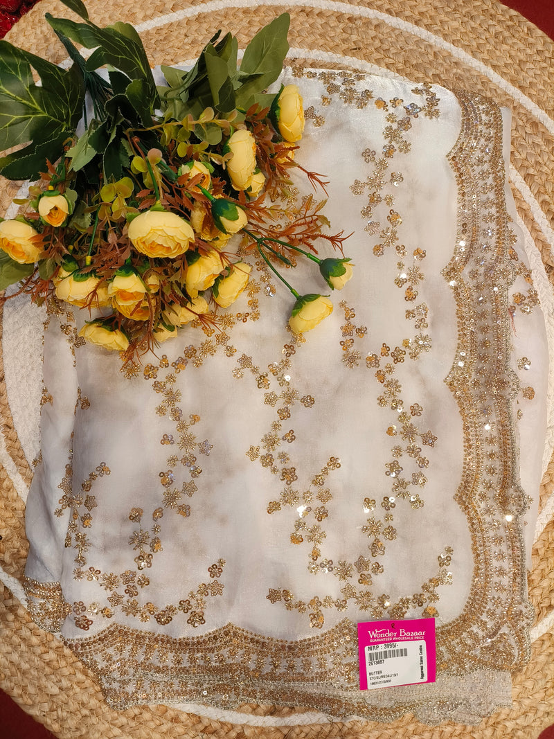 Shimmering Golden Sequin Saree with Scalloped Border