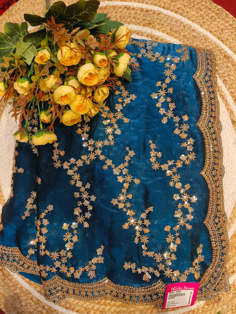 Shimmering Golden Sequin Saree with Scalloped Border