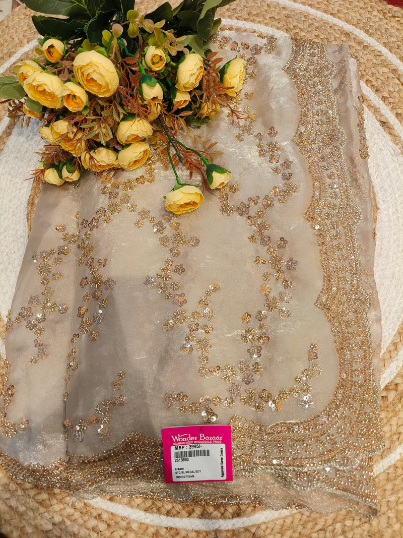 Shimmering Golden Sequin Saree with Scalloped Border