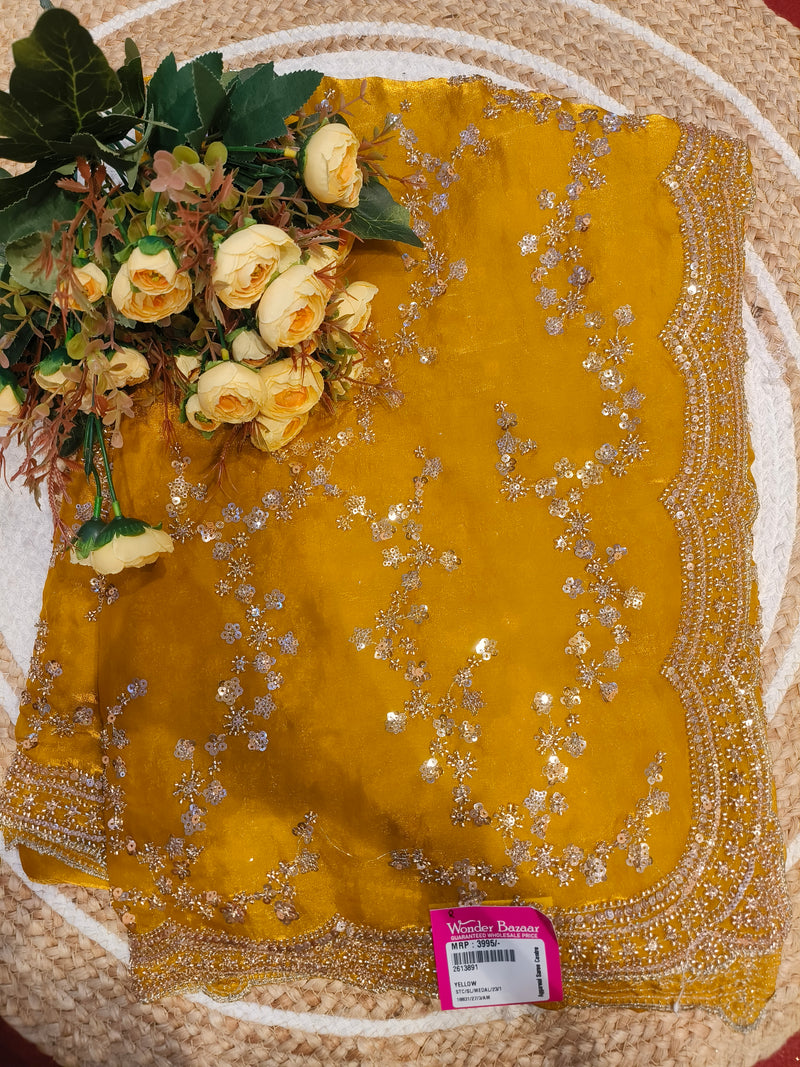 Shimmering Golden Sequin Saree with Scalloped Border